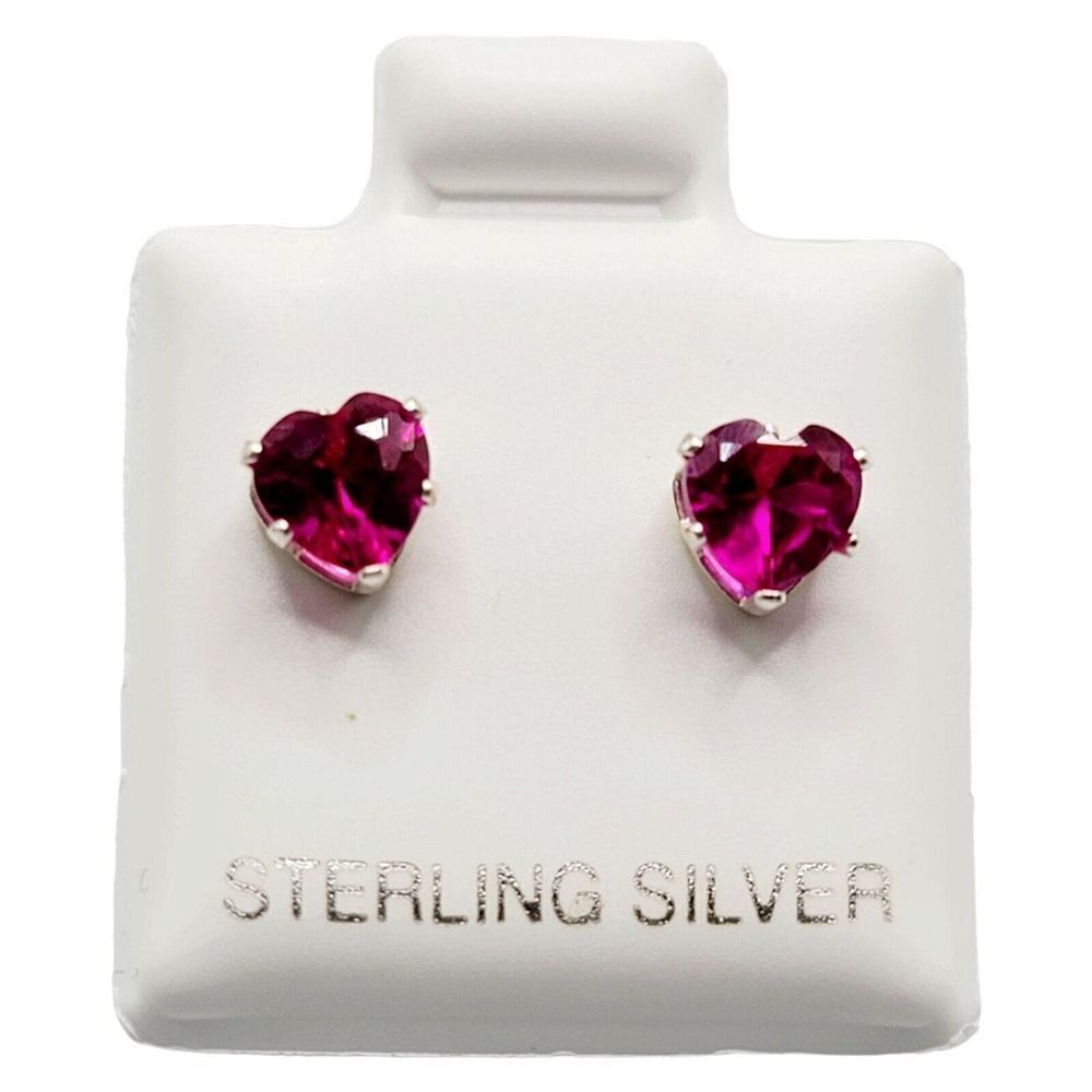 Sterling Silver 925 Pink‎ CZ Heart Shaped Stud Earrings Valentines